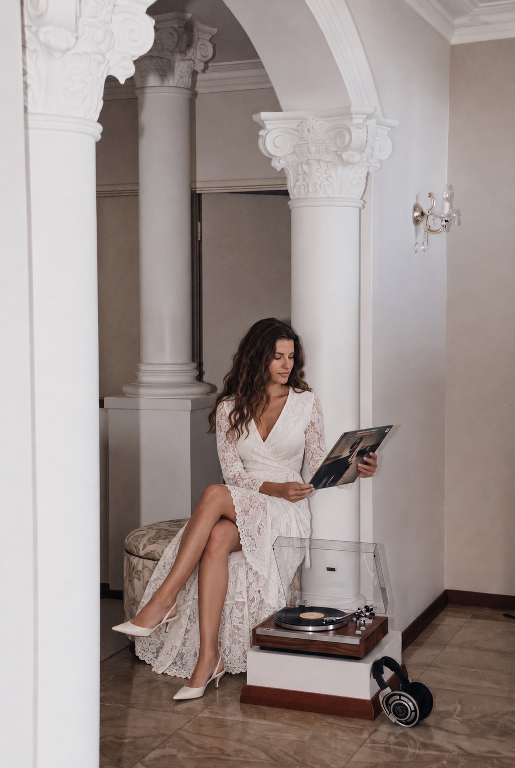 Woman in the ivory Maribel lace dress seated beside a column, reading beside a record player.