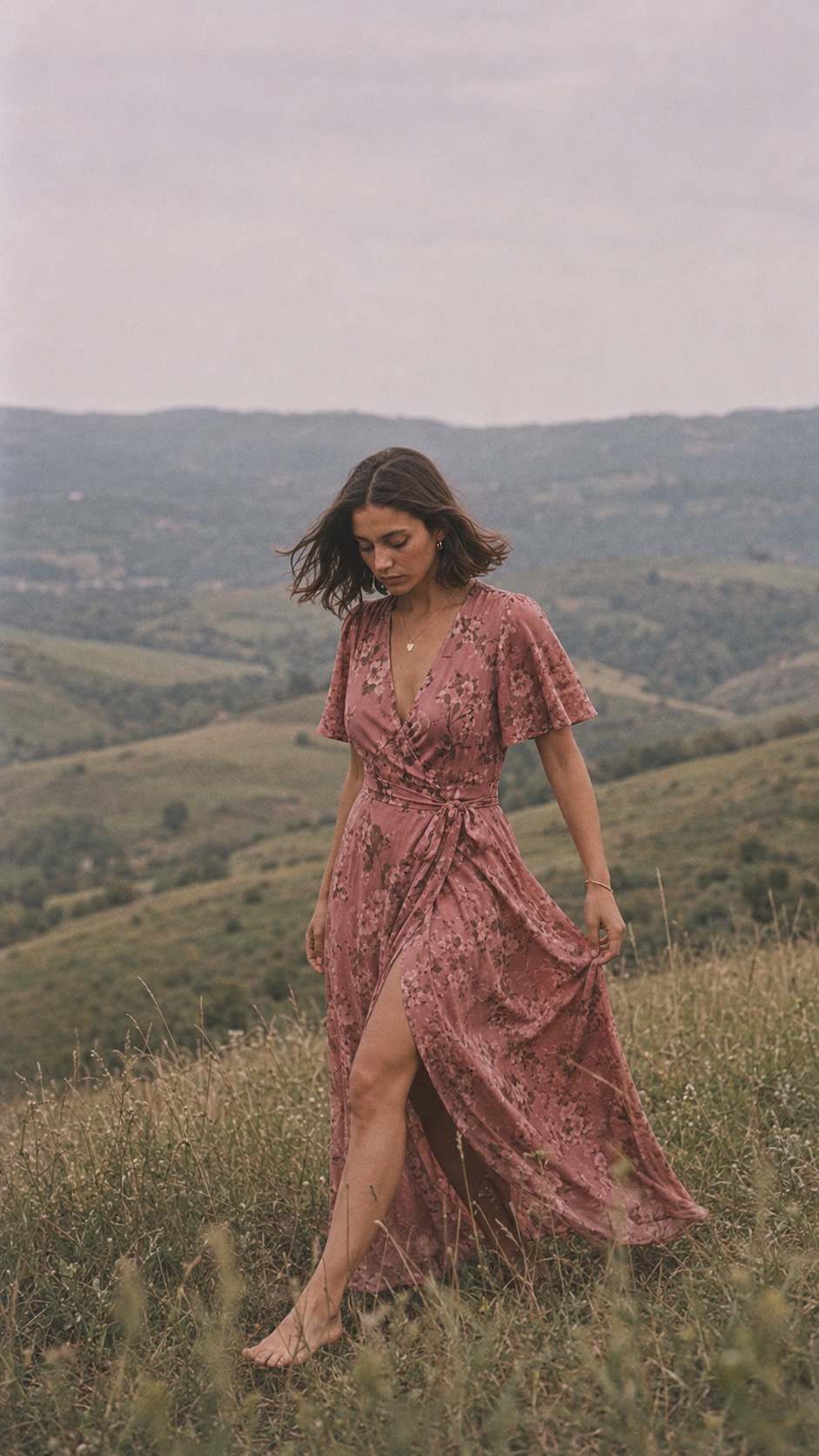 Rose floral wrap dress in a field, showing the drape of a well-made petite garment