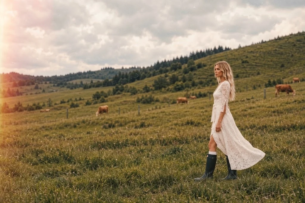 Model in the Maribel ivory lace wrap dress and dark boots walking through a sunlit pasture, with grazing cattle and wooded hills behind her.
