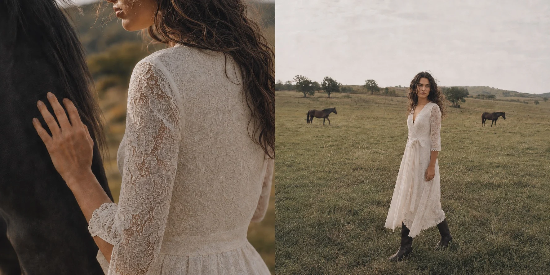 Petite model in the Maribel ivory lace dress beside horses in an open pasture.