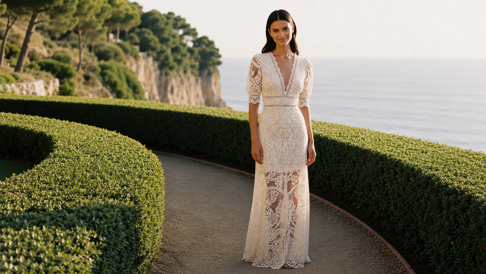 A petite woman in an ivory lace maxi dress on a coastal garden path at golden hour