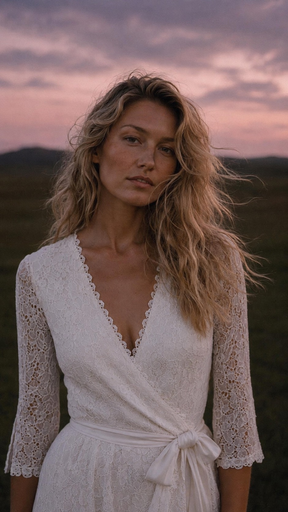 Petite wedding guest in a lace V-neck dress at golden hour